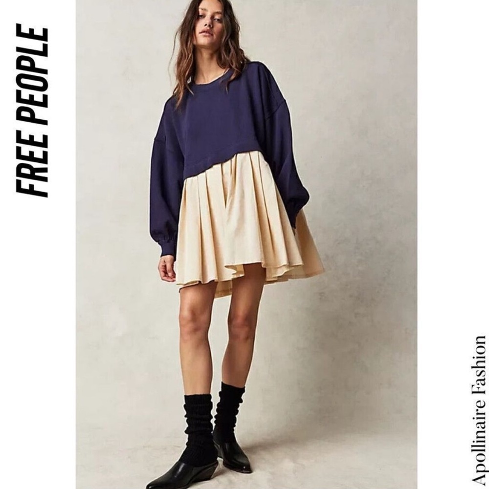 Free People Elenor Sweatshirt Dress in  Navy and Cream